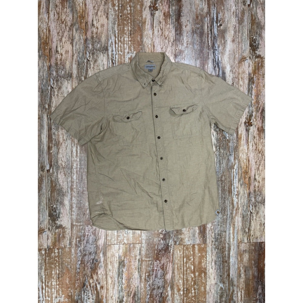 Mens Carhartt Short Sleeve Button Up Work Shirt Size XL Relaxed Fit Beige